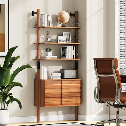 JOINICE 6 Tier Ladder Bookshelf with Storage Cabinet for Living Room,Cherry