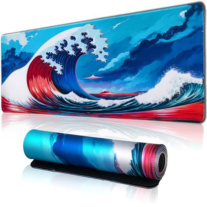Hopipad Japanese Style Waves Large Gaming Mouse Pad for Desk, Desk Mat with Seamed Edges, Waterproof Desk Pad, Non-Slip Rubber Base, 31.5x11.8 Inch Keyboard Pad Computer Mat, Big XL Mousepad - color: Japanese Sea Wave
