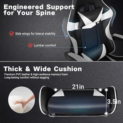 Gaming Chair with Footrest and Lumbar Support, Height Adjustable Chair with 360°Office Desk Chair,Heavy Duty 330lbs Computer Chair for Adults - color: White & Black