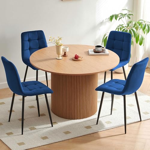 Homedot Round Dining Table Set for 4, 5-Piece Kitchen Table and Chairs for 4, 47'' Round Dining Room Table Set with 4 Chairs, Space Saving Dining Table with Wood Base for Kitchen, Living Room - color: Navy Blue, size: 1* Oak Color Table+4*Chair