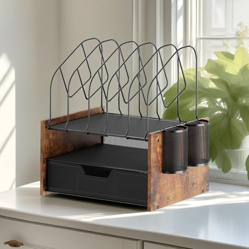 Desk Organizer with Drawer, Desktop File Organizer and Paper Tray Organizer with Vertical File Holder, Office Desk Accessories for Mail, Documents, Papers, Notebooks and Home Office Storage - size: 2 Tier Drawer with Vertical File Holder