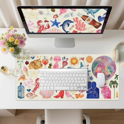 Desk Mat, Leather Desk Pad Blotter Protector, XXL Large Mouse Pad,Computer Laptop Mouse Pads for Desktop,Waterproof Writing Anti-Slip Mousepad for Office and Home I Cream Trendy Stickers - color: Cream Trendy Stickers