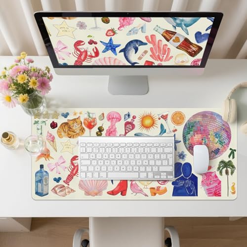 Desk Mat, Leather Desk Pad Blotter Protector, XXL Large Mouse Pad,Computer Laptop Mouse Pads for Desktop,Waterproof Writing Anti-Slip Mousepad for Office and Home I Cream Trendy Stickers - color: Cream Trendy Stickers