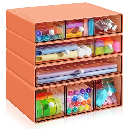Desk Organizer with 9 Drawers, 4 Tiers Stackable Storage Drawers, Desktop Storage Box with Clear Drawers for Stationery, Makeup, Jewelry, Office and Craft Supplies (Orange) - color: Orange