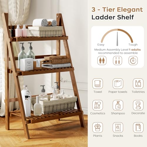 Ladder Shelf, Foldable Plant Shelf Stand, 3-Tier Bamboo Bookshelf, 39.4In - color: 3-tier Walnut