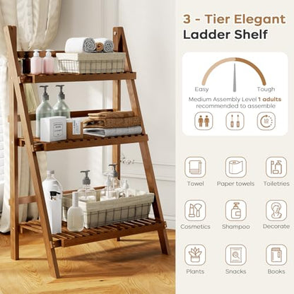 Ladder Shelf, Foldable Plant Shelf Stand, 3-Tier Bamboo Bookshelf, 39.4In - color: 3-tier Walnut