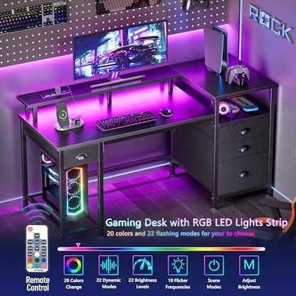 Furologee 52" Gaming Desk with 4 Drawers & LED Lights, Power Outlet, Black - color: Black, size: 52 Inch