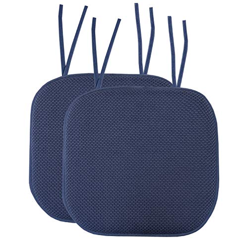 Sweet Home Collection Chair Cushion Memory Foam Pads with Ties Honeycomb Pattern Slip Non Skid Rubber Back Rounded Square 16" x 16" Seat Cover, 2 Pack, Navy - color: Navy, size: 2 Count (Pack of 1)
