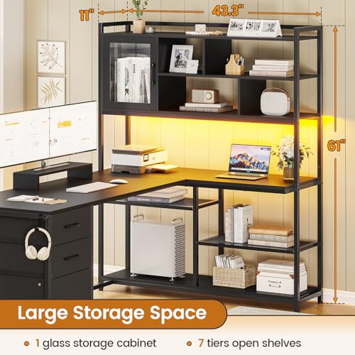 SEDETA 58'' L Shaped Computer Office Desk with 3 Drawers and Bookshelf - color: Black