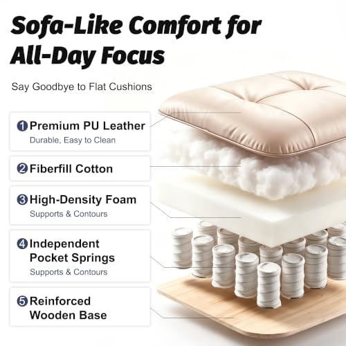 Efomao Executive Office Chair 400lbs,Beige Big and Tall Desk Chair | Mattress-grade pocket spring cushion, sleek leather, 135° recline & footrest for computer gaming setup. - color: 3084p-dark Beige