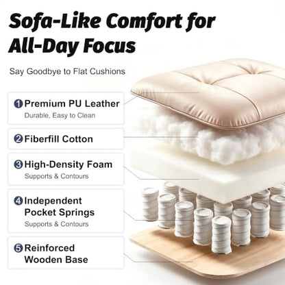 Efomao Executive Office Chair 400lbs,Beige Big and Tall Desk Chair | Mattress-grade pocket spring cushion, sleek leather, 135° recline & footrest for computer gaming setup. - color: 3084p-dark Beige