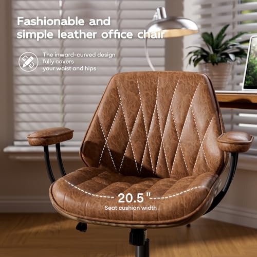 Cognac Brown Faux Leather Swivel Office Desk Chair - color: Cognac Brown