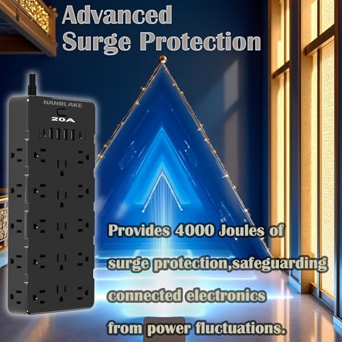 20 Amp Power Strip Surge Protector,Heavy Duty 12 Gauge 6.5 ft Cord/25 AC Outlets/4 USB A/2USB C/4000 Joules Surge protection/2500W/125V,Office Workshop Household Garage Black