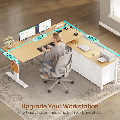 SEDETA L Shaped Electric Standing Desk with 6 Fabric Drawers, Storage - color: Oak