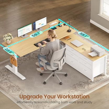 SEDETA L Shaped Electric Standing Desk with 6 Fabric Drawers, Storage - color: Oak