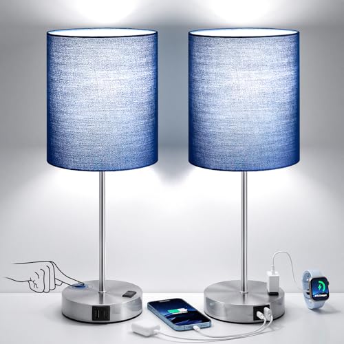 Fenmzee Touch Lamps for Bedroom Set of 2 - Dimmable, USB C+A, AC Outlet | Large 17.6" Tall Lamp, 3-Way Dimming, 5000K Daylight Bulbs, Navy Blue Lampshade Silver Base, Decor for Living Room, Boys, Men - color: Blue - Silver