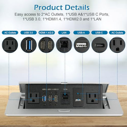 Table Pop Up Outlet, Desktop Pop Up Socket Center Countertop Socket Multimedia Strip Socket Connection Box Countertop with USB 3.0/2×AC/2×HDMI/USB-A/USB-C/LAN for Conference Desk Office(Silver-3) - style: Silver-3