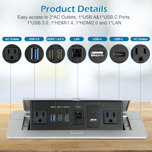 Table Pop Up Outlet, Desktop Pop Up Socket Center Countertop Socket Multimedia Strip Socket Connection Box Countertop with USB 3.0/2×AC/2×HDMI/USB-A/USB-C/LAN for Conference Desk Office(Silver-3) - style: Silver-3
