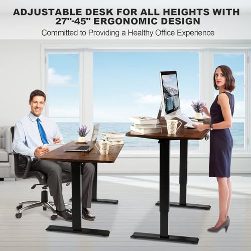 55 x 24 in Electric Standing Desk Adjustable Height, Sit Stand Home Office Rolling Computer Desk with 35 x16 in Mouse Pad, Wheels and Hooks，27''-46'' Lifting Range Stand up Desk(Brown) - color: Brown, size: 55 x 24''