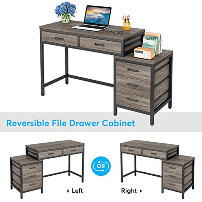 Little Tree 5 Drawers Computer Desk, Desk with Reversible File Drawer Cabinet for Home Office,Grey - color: Grey