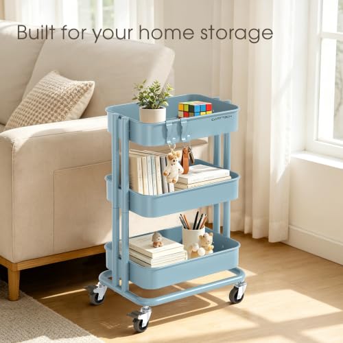 3 Tier Rolling Cart Metal Utility Cart with Lockable Wheels Home Office - color: Blue, size: Small