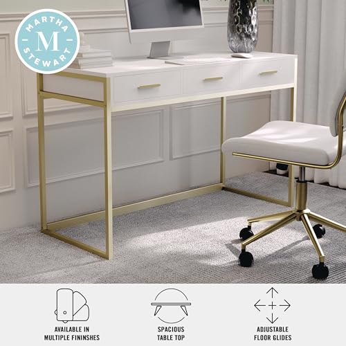 Martha Stewart Ollie Home Office Desk with 3 Drawers in White with Polished Brass Hardware - color: White Top/Polished Brass Frame
