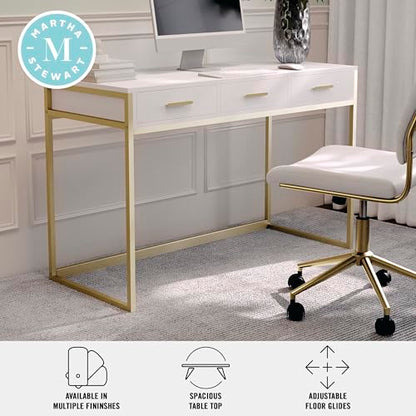 Martha Stewart Ollie Home Office Desk with 3 Drawers in White with Polished Brass Hardware - color: White Top/Polished Brass Frame