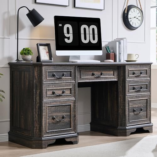 T4TREAM 59" Farmhouse Executive Desk with Drawers,Wood Home Office Computer Desk, Featuring Keyboard Tray,Charging Station,File Drawer, Storage Cabinet,for Work and Study (Dark Rustic Oak) - color: Dark Rustic Oak, size: Executive Desk Only