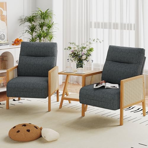 Andeworld Grey Accent Chairs Set of 2,Upholstered Modern Living Room Chairs with Natural Rattan Arm, Side Chair for Bedroom Club Balcony Reception Room - color: Dark Grey, size: 2