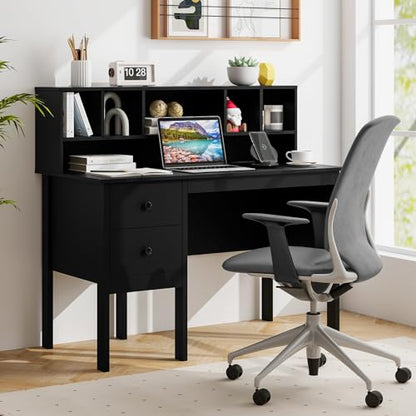 LDAILY Modern Home Office Desk with Hutch, Office Desk with USB Charging Ports and Power Outlets, Computer Desk with 5 Storage Cubbies and 2 Drawers, Writing Study Desk for Bedroom (Black) - color: Black