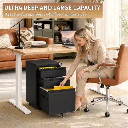 3 Drawer Small Under Desk Rolling File Cabinet with Lock for Home Office | Fully Assembled,Central Locking System,Metal,Pencil Tray,Hanging File Bar,Anti-Tipping Caster - color: Black