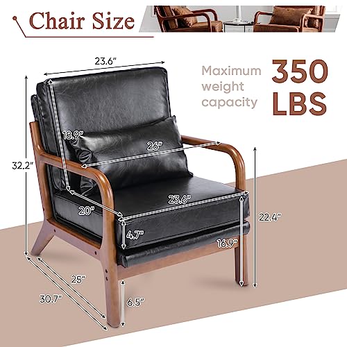 Mid Century Modern Accent Chairs Set of 2 Living Room- Comfy Wood Arm Chair with Lumber Pillow Lounge Decorative Black Faux Leather Office Side Chair for Bedroom Reading Waiting Room Easy Assembly - color: Black, size: Set of 2