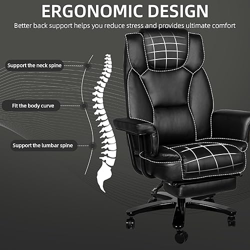 Reclining Office Chair with Footrest, Big and Tall Home Office Desk Chairs 400lbs with High Back, Criss Cross Wide Seat, Heavy Duty Base, Pu Leather, Black - color: Black