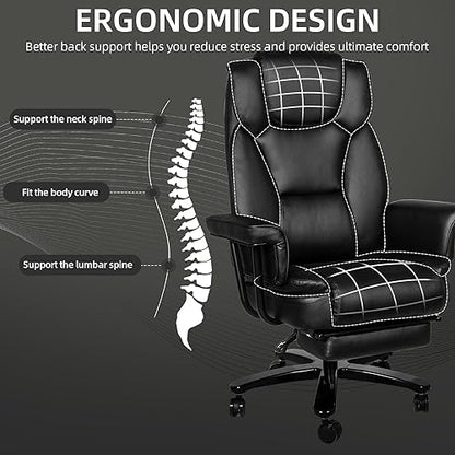 Reclining Office Chair with Footrest, Big and Tall Home Office Desk Chairs 400lbs with High Back, Criss Cross Wide Seat, Heavy Duty Base, Pu Leather, Black - color: Black