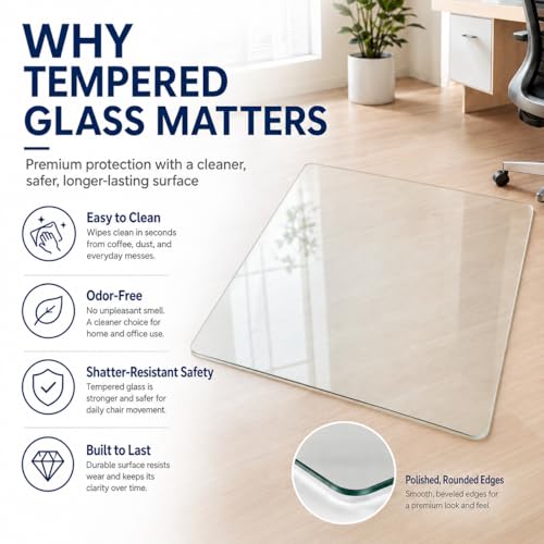 46 x 55 Inch Glass Chair Mat, 1/5 Inch Thick Tempered Glass Office Chair Mat for Carpet and Hardwood Floors, Heavy Duty Clear Floor Protector with Polished Edges and 8 Non-Slip Pads - size: 55" x 46"