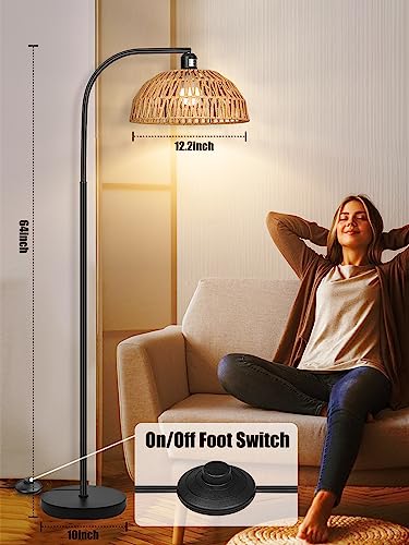 Brilvibera Boho Standing Lamp with Remote Control and Dimmable Bulb | Hand-Worked Adjustable Rattan Shades, Black Farmhouse Tall Lamp, Boho Arc Floor Lamps for Living Room, Bedroom, Office - style: Rattan Standing Lamp Black