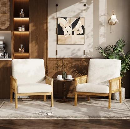 Garvee Boucle Accent Chair, Rattan Armchair with Wooden Frame, High Back, Upholstered Reading Chair Leisure Chairs for Living Room Bedroom Waiting Room Reception, White - color: Boucle, White