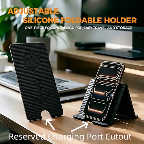 Flexible Silicone Aluminum Phone Holder Tablet Stand with Charging Port Design, Foldable Airplane Laptop/Phone Stand for Home Office Travel (Black) - color: Black