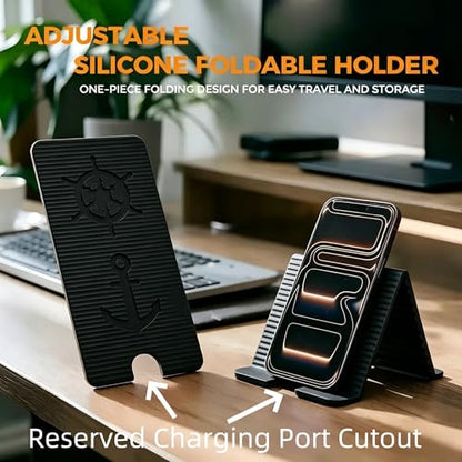 Flexible Silicone Aluminum Phone Holder Tablet Stand with Charging Port Design, Foldable Airplane Laptop/Phone Stand for Home Office Travel (Black) - color: Black