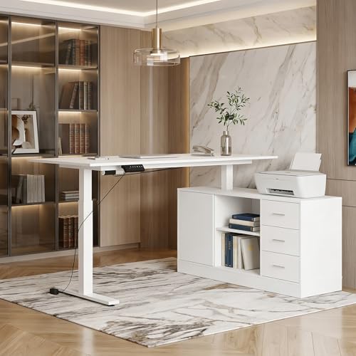 63" L Shaped Electric Standing Desk with File Cabinet, Height Adjustable Stand up Desk with Drawers and Shelves, Home Office Computer Gaming Table, White - color: White