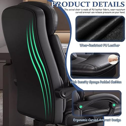 Ergonomic Office Chair - Adjustable Height Desk Chair with Lumbar Support and Retractable Footrest - High Back Chairs PU Leather Thick Seat Cushion, Head, and Arm Rests - Reclines - color: Black