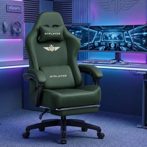 GTPLAYER Big and Tall Gaming Chair 400lbs Heavy Duty Office Chair with Footrest, High Back Pocket Spring Ergonomic Computer Chair for Adults, Wide Seated Cushion with Linkage Armrests, Leather Green - color: Dark Green