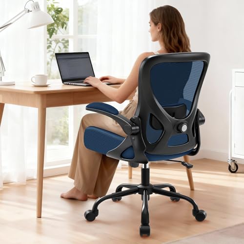 Office Chair - Ergonomic Breathable Mesh Desk Chair with Adjustable Lumbar Support and Flip-up Armrests - Executive High Back Rolling Swivel Comfortable Computer Gaming Chair for Home Office - color: Navy