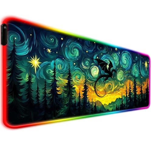 RGB Starry Night Forest Dragon Gaming Desk Mat & Mouse Pad, XL - color: Rgb-w05