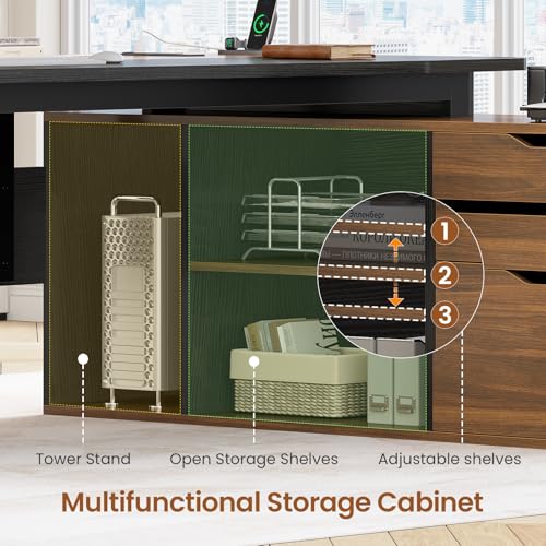 SEDETA 71" L Shaped Executive Desk with File Cabinet & Power Outlet | Computer Desk with 3 Storage Drawers, Adjustable Shelves, CPU Stand, Privacy Baffle, Modern Desk for Home Office, Walnut - color: Walnut