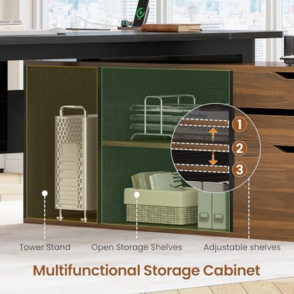 SEDETA 71" L Shaped Executive Desk with File Cabinet & Power Outlet - color: Walnut