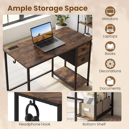GIANTEX Computer Desk with Charging Station, 38" Home Office Desk w/ 2 Fabric Drawers, Storage Shelf & Headphone Hook, Industrial Study Work PC Table, Writing Desk for Small Spaces (Rustic Brown) - color: Rustic Brown