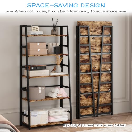 JSB 5 Tier Bookshelf, No Assembly Folding Ladder Bookshelf, 51.6in Tall Foldable Ladder Shelf, Bookcase for Home Office, Living Room,Space-Saving (Rustic & Brown, 5 Tier) - color: Rustic & Brown