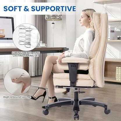Big and Tall Office Chair with Foot Rest,Heavy Duty Office Chair(Beige) | PU Leather High Back Wide Desk Chair, Comfortable Executive Office Chair,135° Reclining, Adjustable Padded Armrests - color: Beige