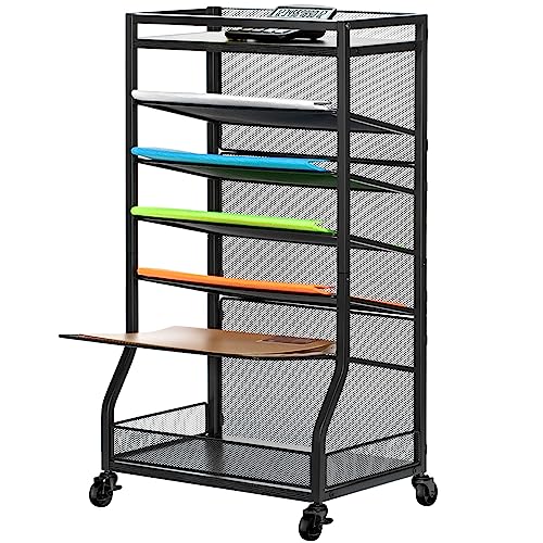 ThreeHio 7 Tier Rolling File Cart with Sliding Trays, Wood Metal File Organizer Beside Desk, Free-Standing File Holder, Paper Letter Tray Organizer Mesh Desk Organizer for Home Office School (Patent) - color: Black